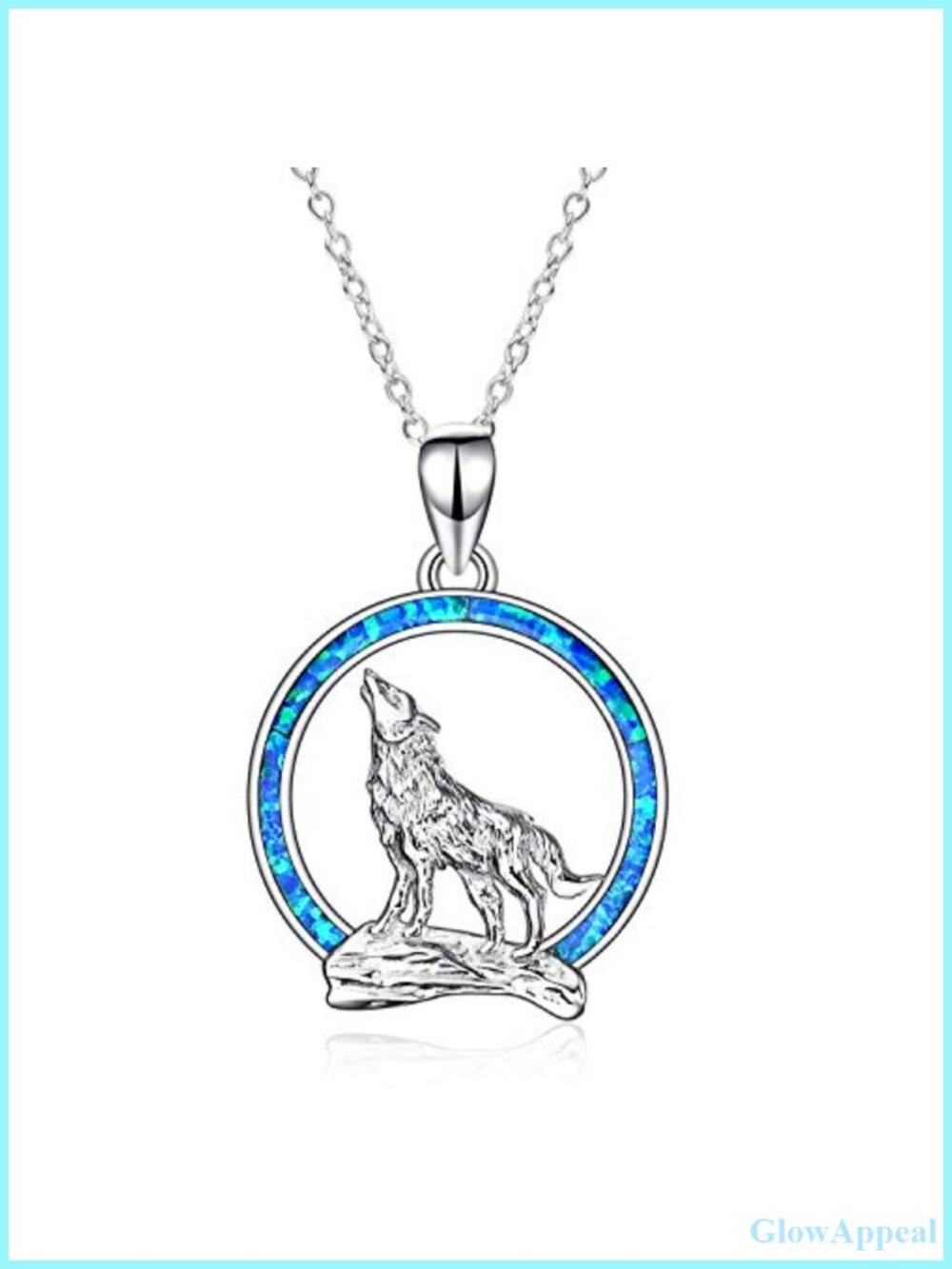 Sterling Silver Opal Wolf Moon Pendant Necklace 18+2" Cable Chain
